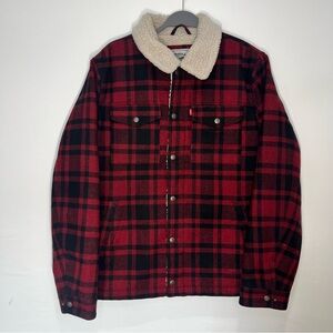 Levi’s Sherpa Lined Buffalo Plaid Trucker Jacket Red Black Size L